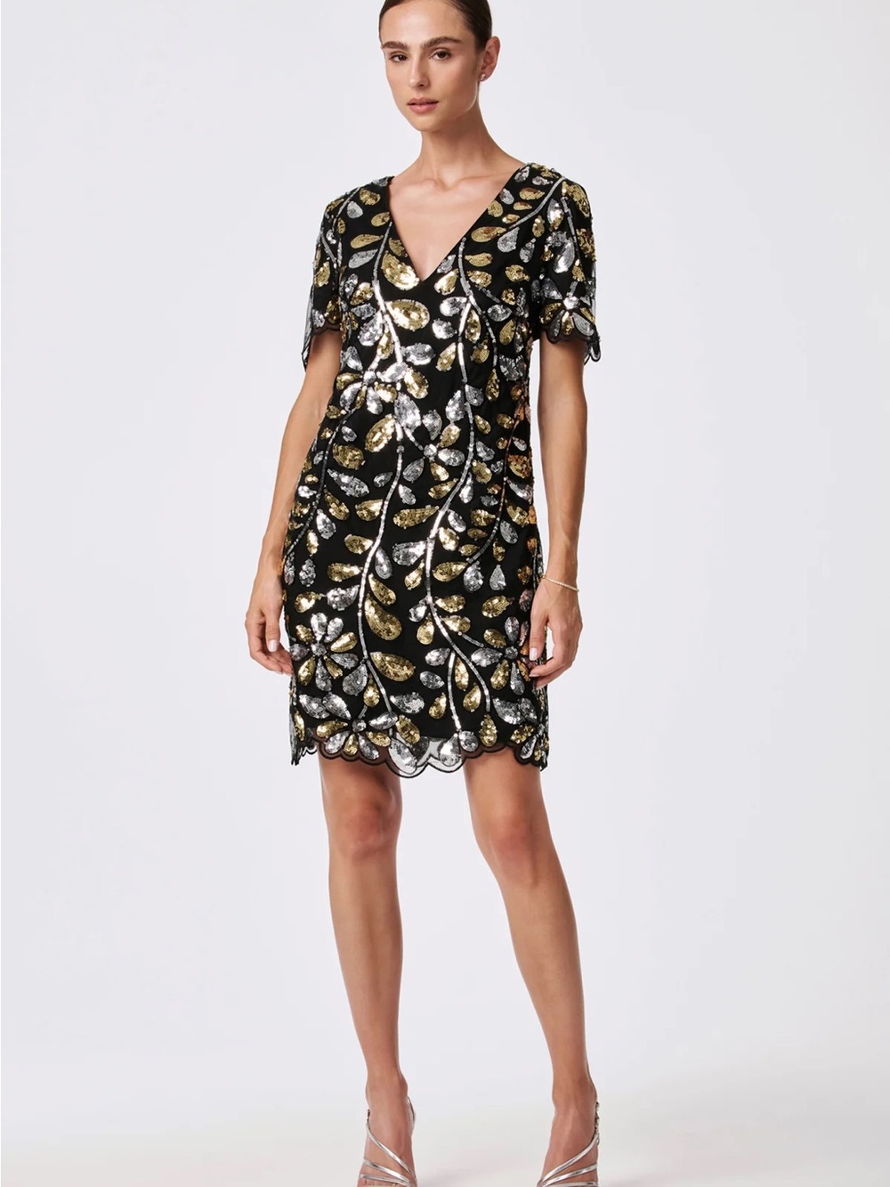 Trina Turk “Obelle” black gold silver sequin sheath party dress 6